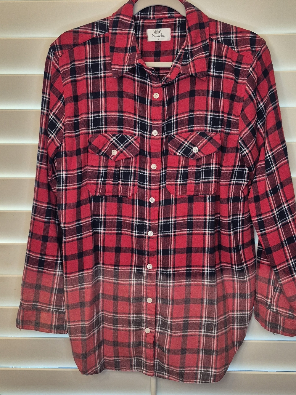 Panache Red Navy Blue & White Plaid Button-Down Shirt Ombre Effect Sz L